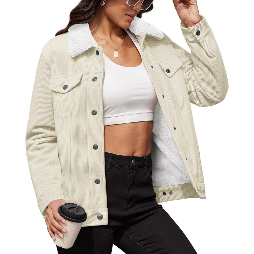 Women's Corduroy Jacket Sherpa Fleece Lined Warm Winter Coat Button Down Casual